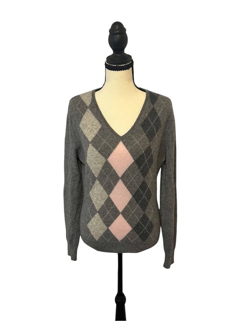 Apt. 9 100% Cashmere Gray White Pink Argyle V-Neck Sweater Sz L